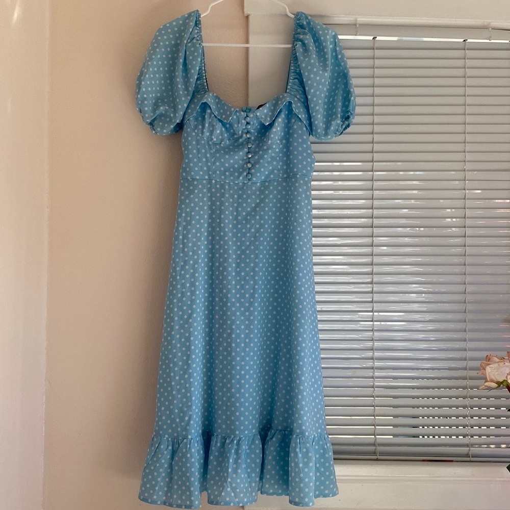BOOHOO PUFF SLEEVE BUSTIER RUFFLE HEM POLKA DOT MIDI dress - Picture 5 of 8